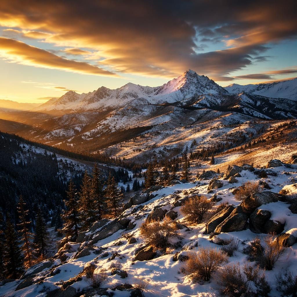 Photoreal landscape of a polar bear on arctic ice with an alpine mountain backdrop at golden hour winter sunrise.