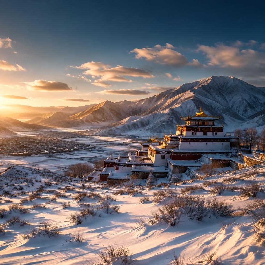Monastery on the Tibetan Plateau surrounded by arctic ice at golden sunrise in winter, high-contrast monochrome landscape