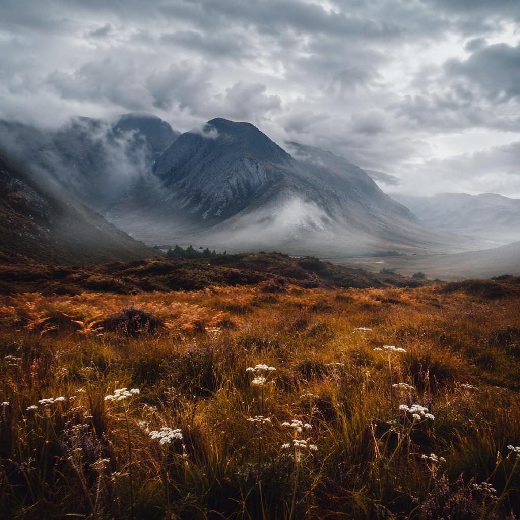 Foggy Scottish Highlands meadow with wildflowers, stormy mountains, and soft dramatic morning light in sharp focus.