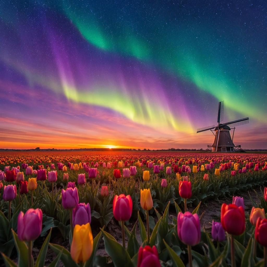 Campo de tulipanes en primavera en Países Bajos bajo cielo dramático con aurora y luz dorada del atardecer