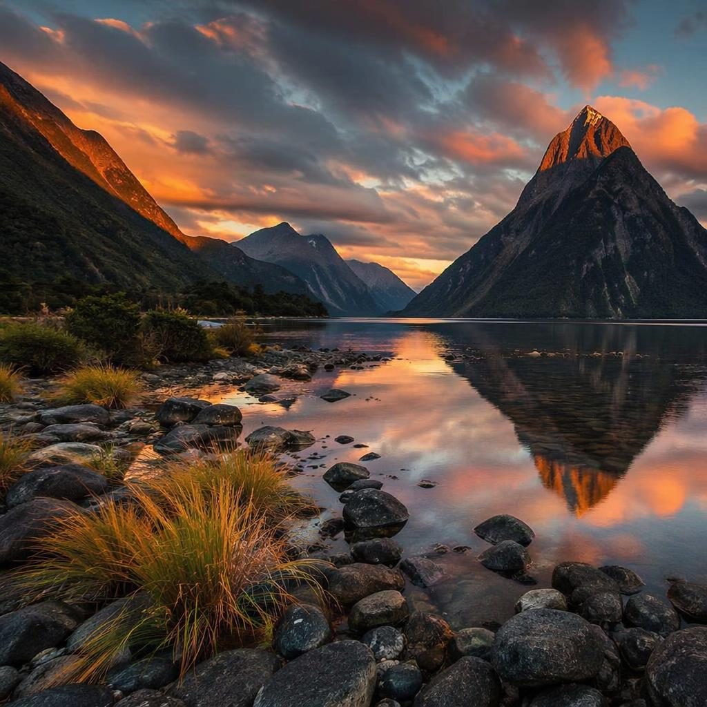 Fiordo de Milford Sound con cielo de aurora al atardecer, montañas oscuras, agua calma y luz dramática otoñal