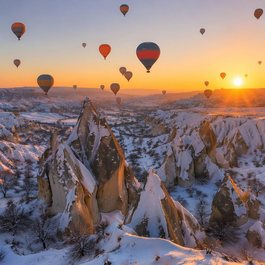 Hot air balloons drift over snowy Cappadocia at dawn with golden light, icy terrain, and a soft rust-toned sky.
