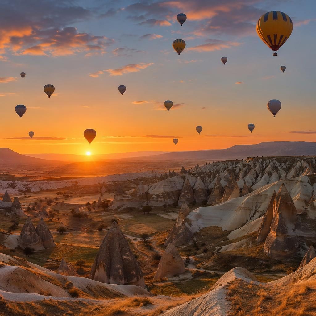Hot air balloons over Cappadocia at dawn beneath a vivid aurora sky, with golden sunset light, rocky valleys, and HDR detail.