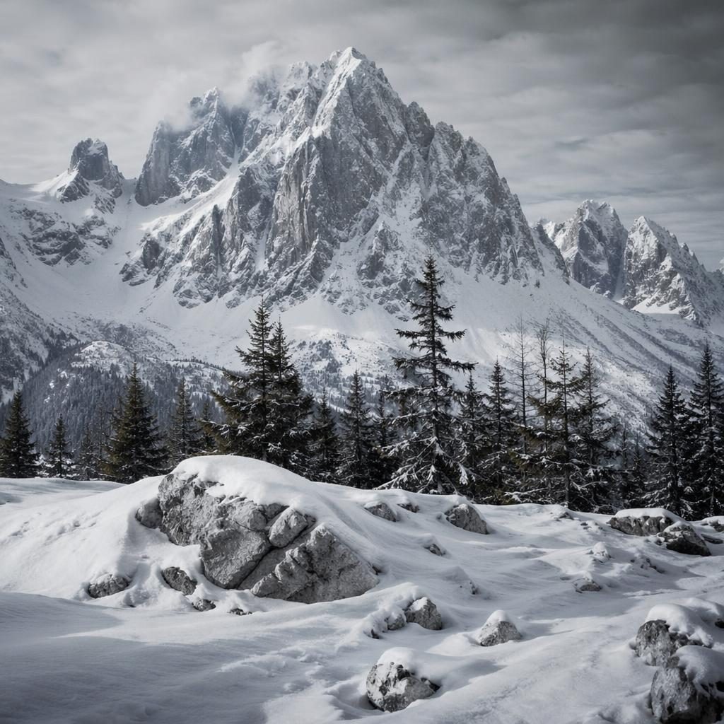 Snow-covered alpine peaks and fir trees under overcast skies in a high-contrast monochrome winter landscape.
