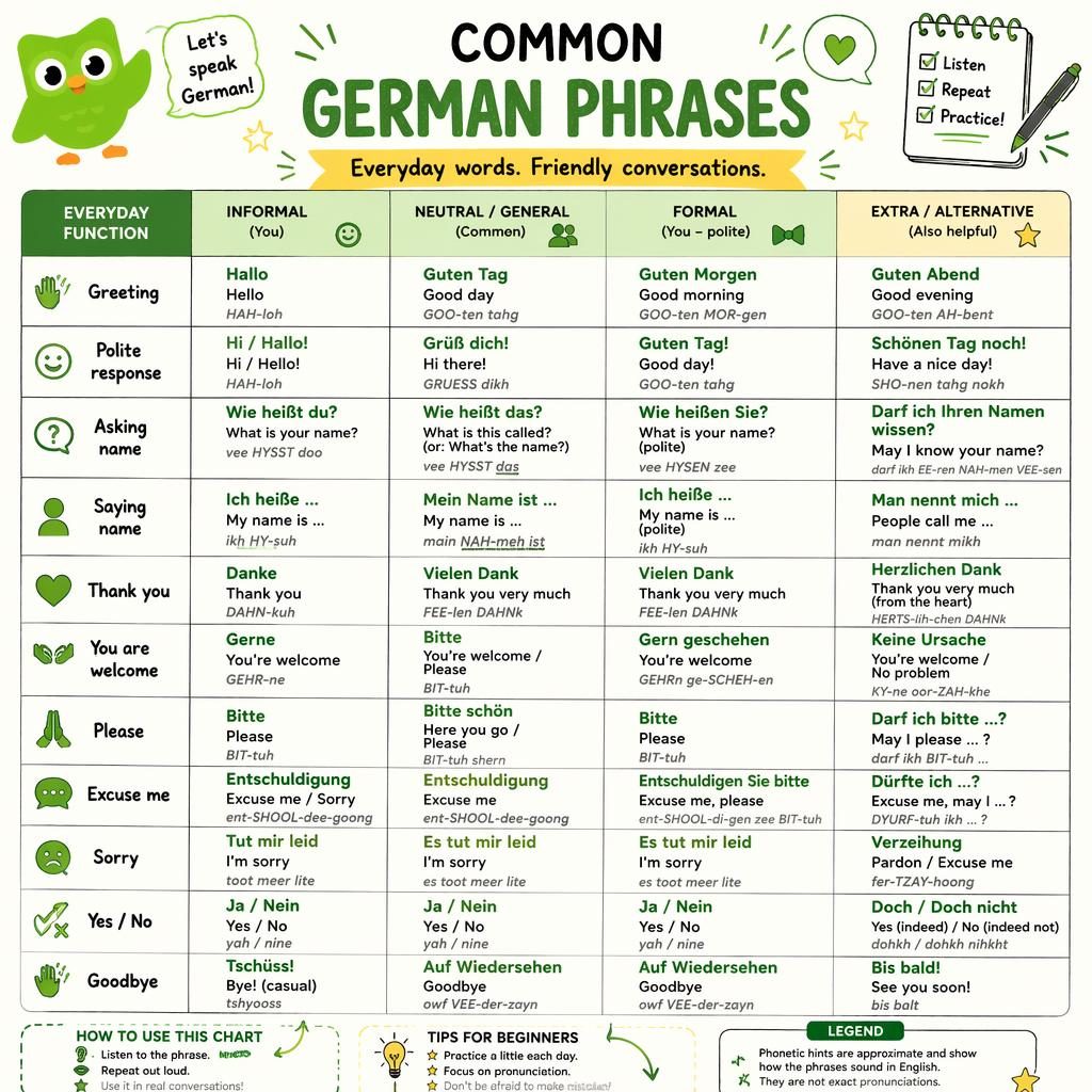 Educational poster with a central table of common German phrases, English meanings, phonetic hints, and simple doodles.