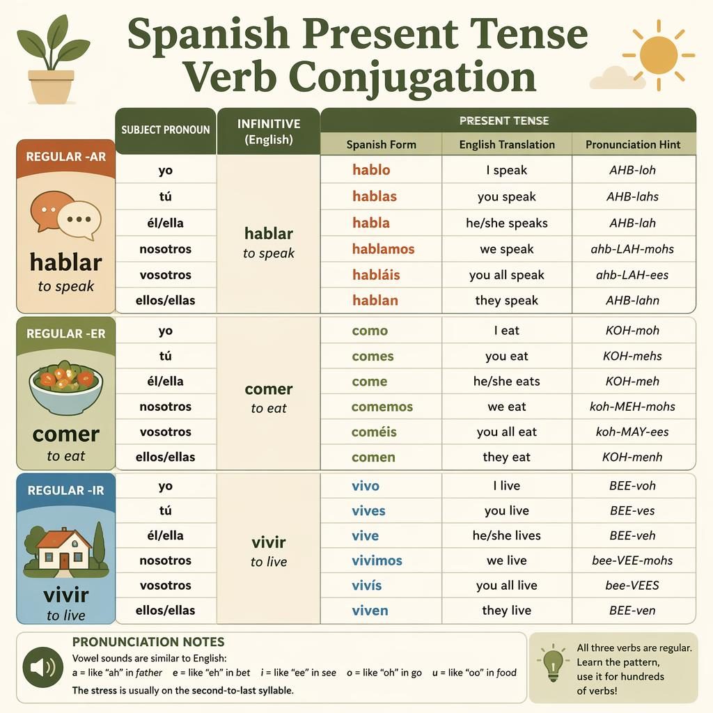 Infographie éducative avec tableau de conjugaison espagnole au présent pour hablar, comer et vivir, style flashcard.