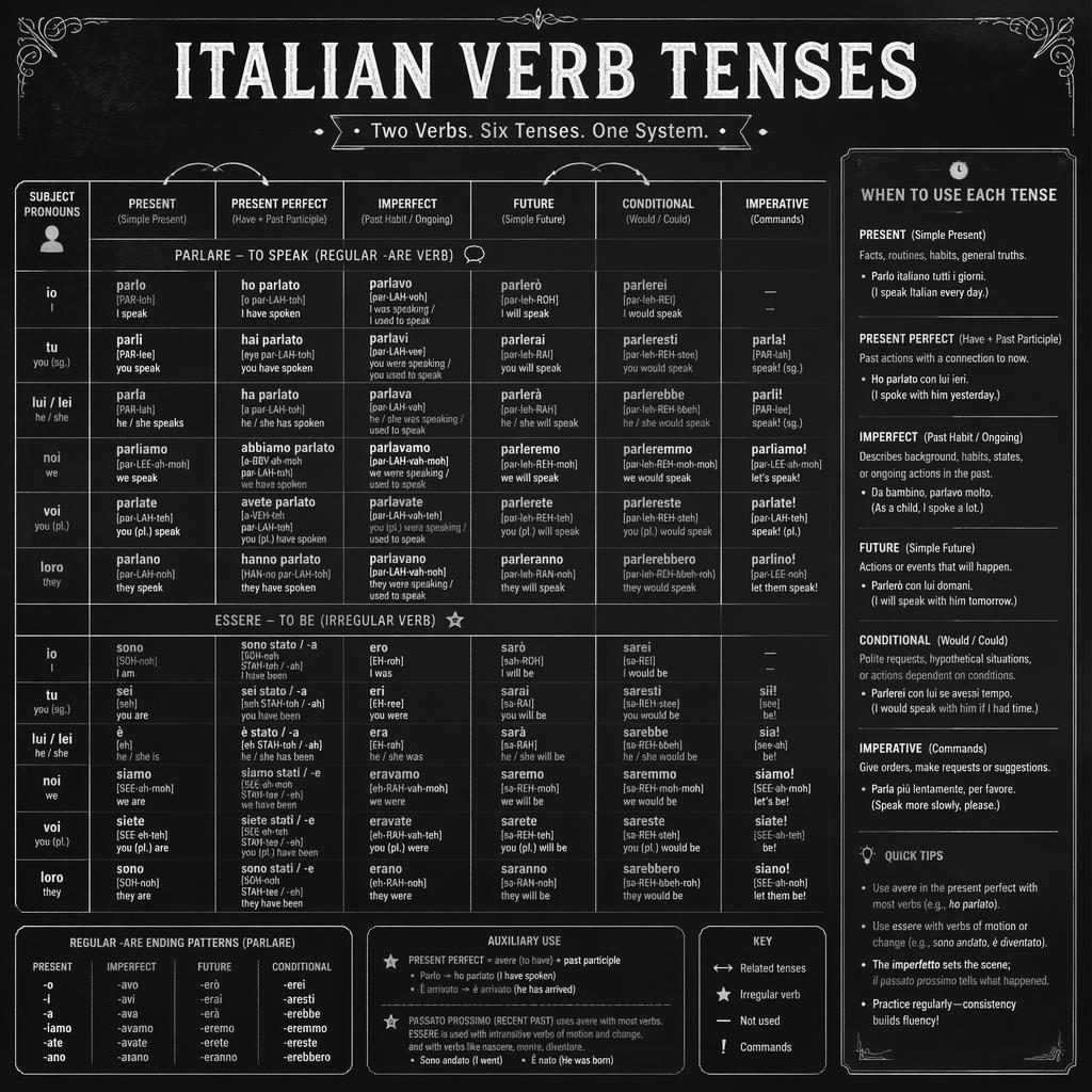 Affiche éducative style tableau noir vintage avec tableau de conjugaison des temps italiens et notes latérales en anglais.