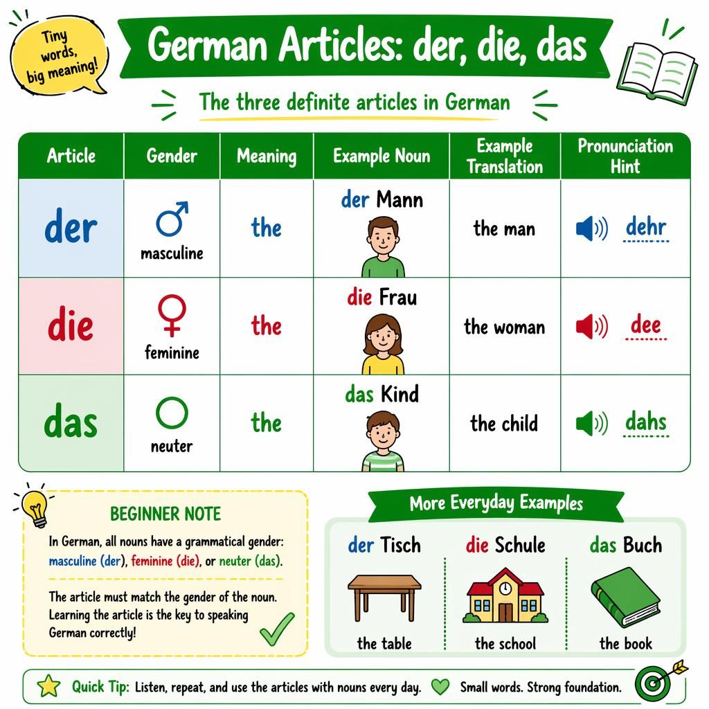 Educational infographic table on German articles der, die, das with English labels, pronunciation hints, note panel, and green accents.