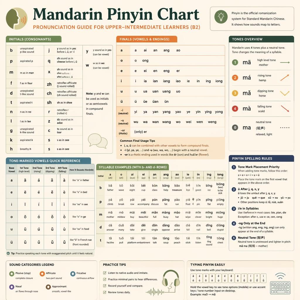 Educational poster showing a Mandarin Pinyin chart grid with initials, finals, tone-marked vowels, and English hints.