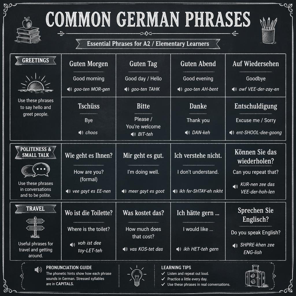 Vintage chalkboard-style infographic showing a grid of common German phrases with English translations and phonetic hints.