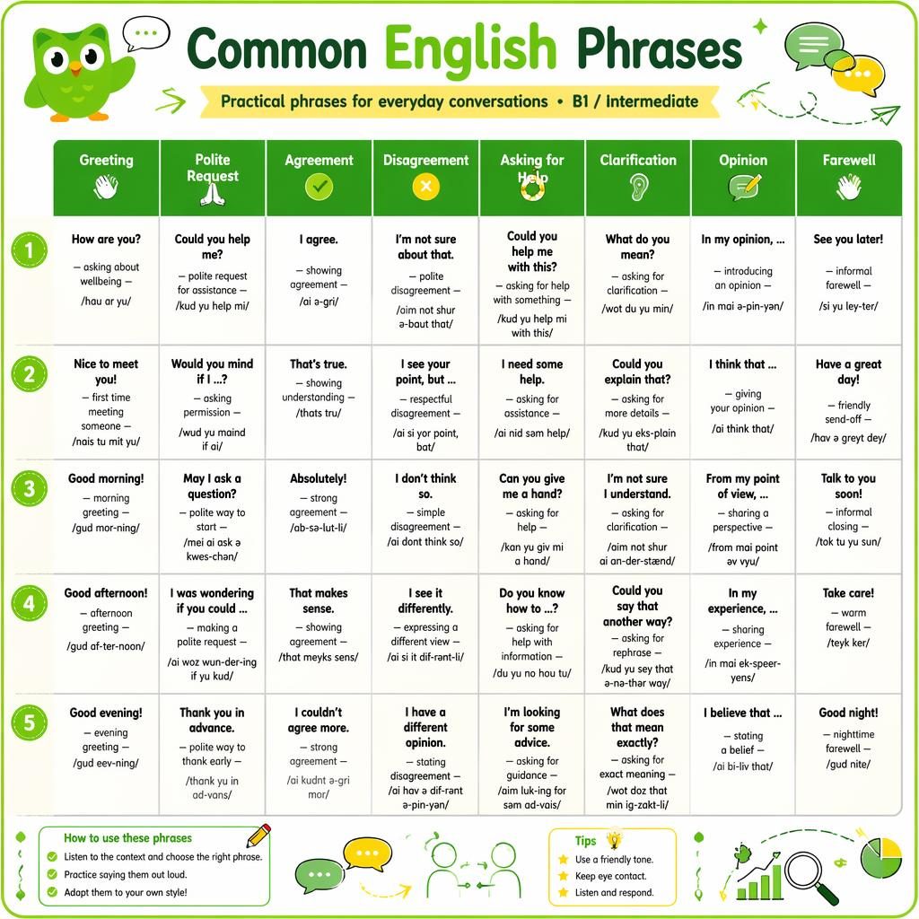 Educational sketchnote poster with a central table of common English phrases, Duolingo green and yellow palette, and icons.