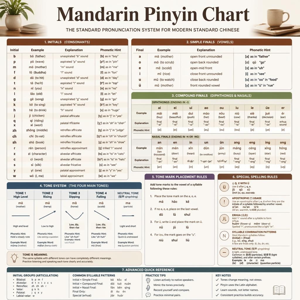 Modern educational poster showing a Mandarin pinyin chart with initials, finals, tones, and spelling rules in a clean grid.