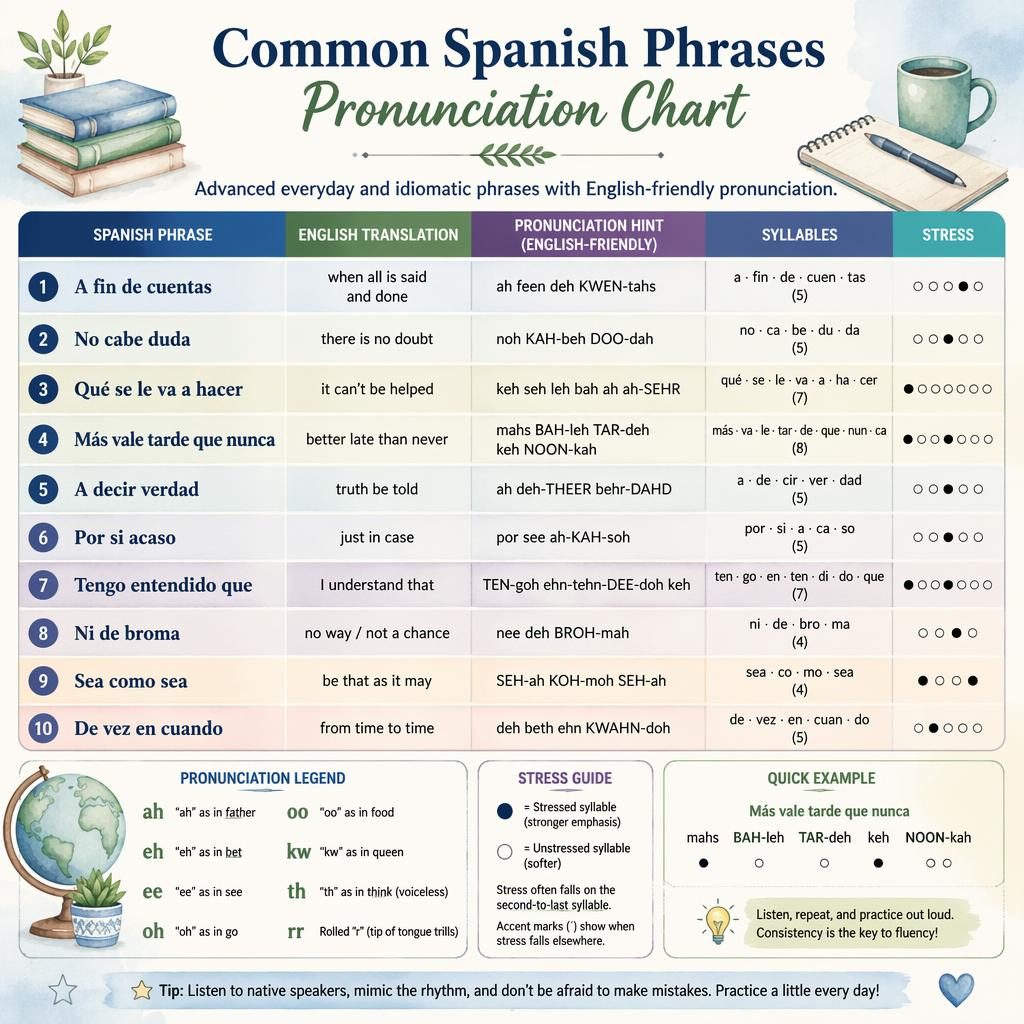 Educational infographic poster showing a Spanish pronunciation chart with phrases, English meanings, phonetic hints, and legend.