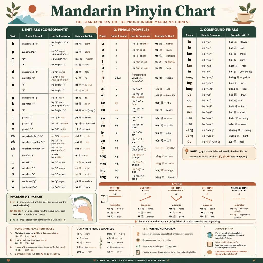 Modern educational poster showing a Mandarin Pinyin chart with initials, finals, tones, examples, and notes.