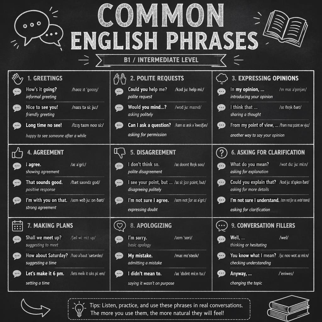 Vintage chalkboard-style infographic grid of common English phrases with meanings, phonetic hints, and school icons.