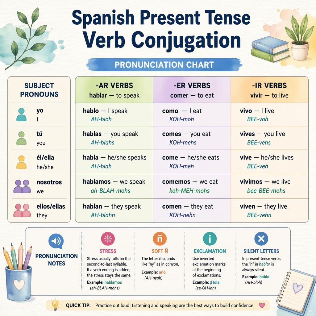 Watercolor Spanish present tense infographic with pronoun grid for -AR, -ER, -IR verbs, examples hablar, comer, vivir.