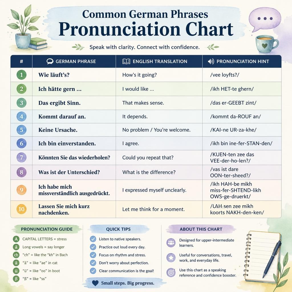 Educational pastel infographic showing a German phrases pronunciation chart with English translations and phonetic hints in neat rows.