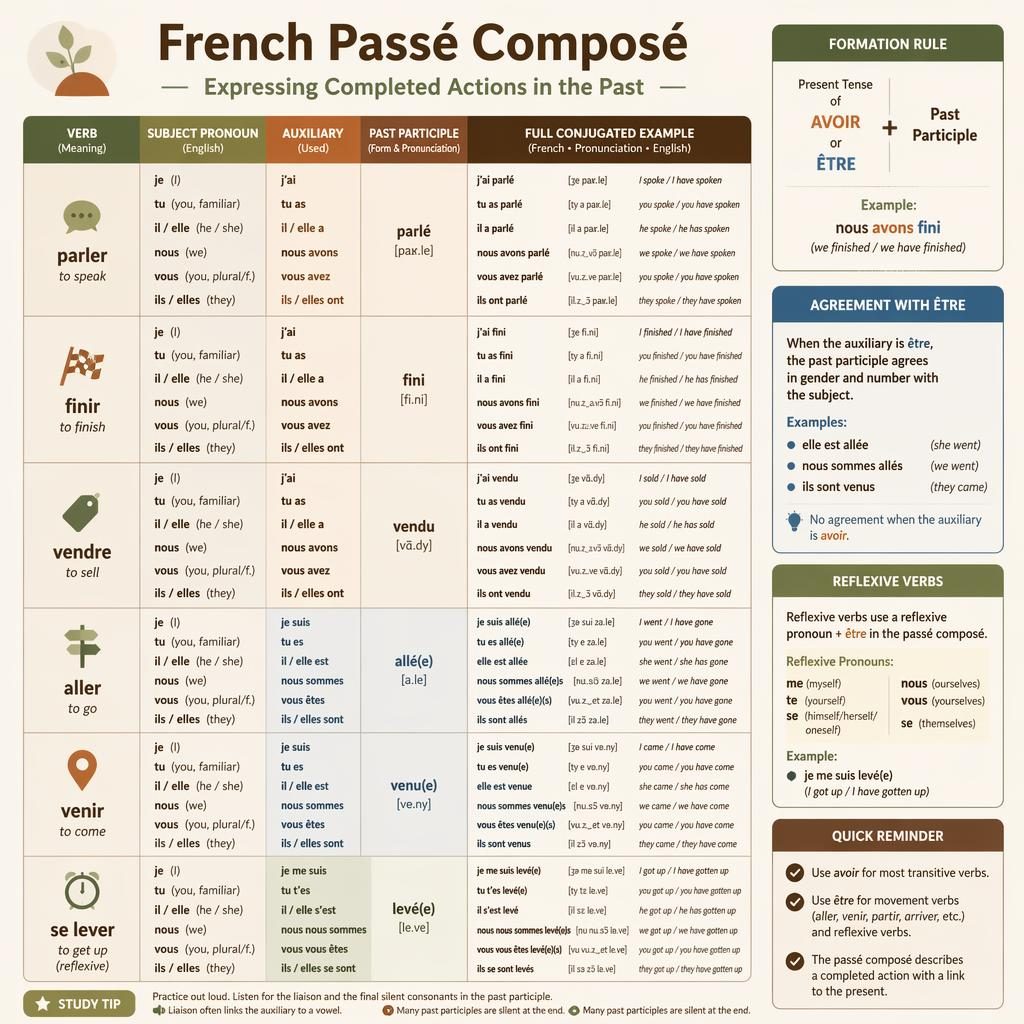 Modern infographic with a central French passé composé conjugation table, English labels, example verbs, and rule notes.
