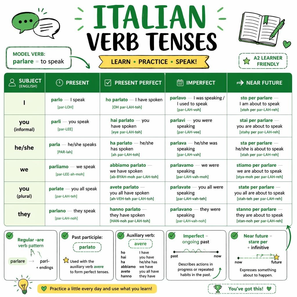 Sketchnote-style educational poster with a central Italian verb tense table for parlare, in green and yellow colors.