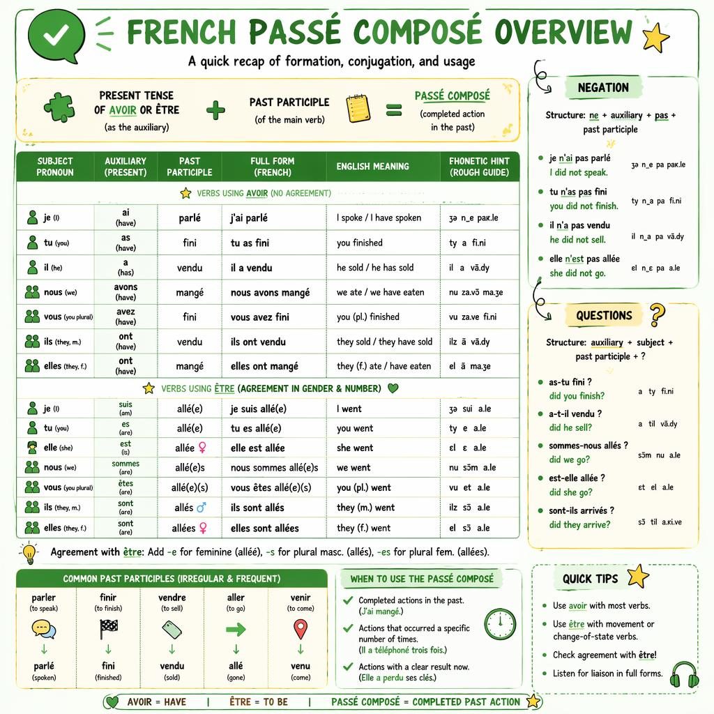 Affiche éducative en style sketchnote avec tableau clair du passé composé, colonnes, exemples, négation et questions.