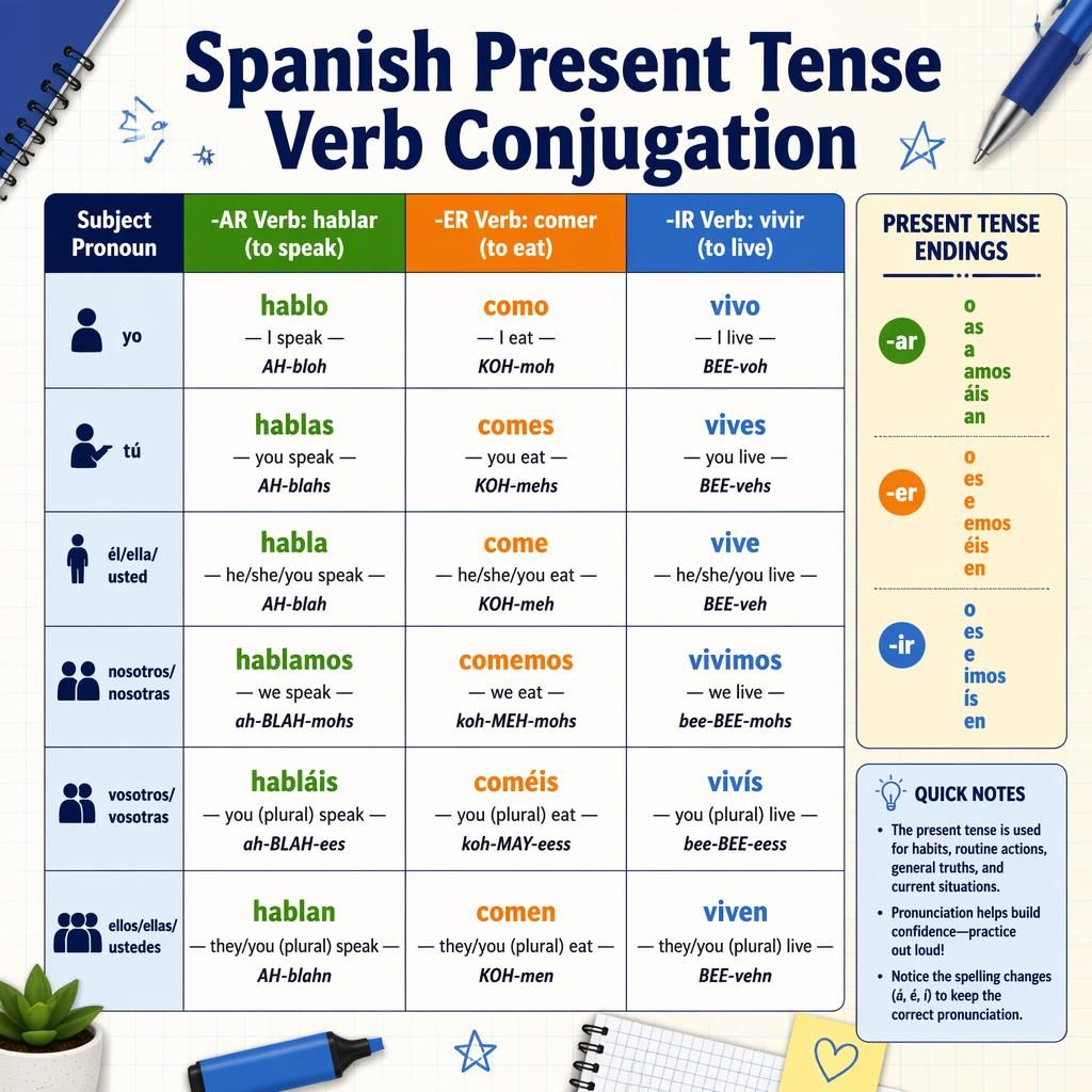 Educational infographic with a central Spanish present tense conjugation table for hablar, comer, and vivir.
