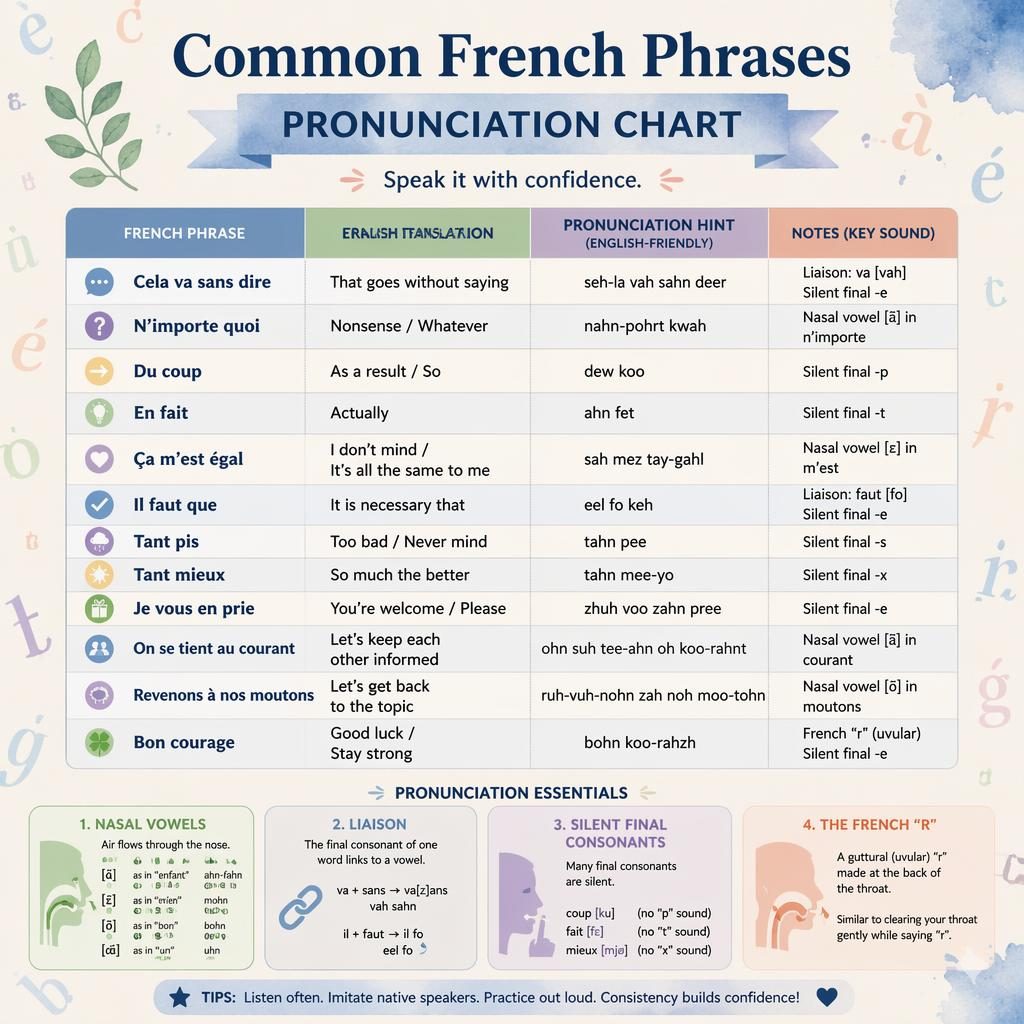 Educational pastel infographic showing a French phrases pronunciation chart with English translations, phonetic hints, and accent callouts.
