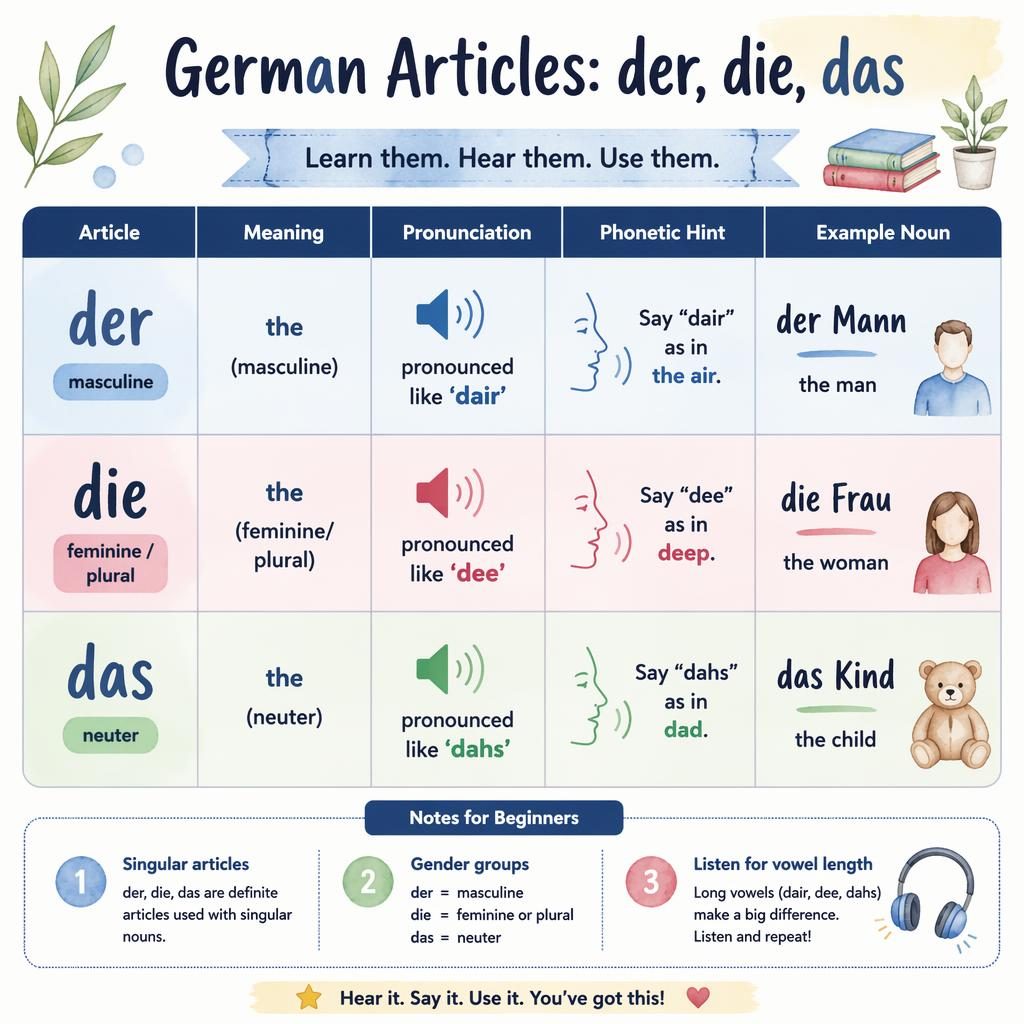 Pastel watercolor infographic poster with a central chart for German articles der, die, das, pronunciations, meanings, and examples.
