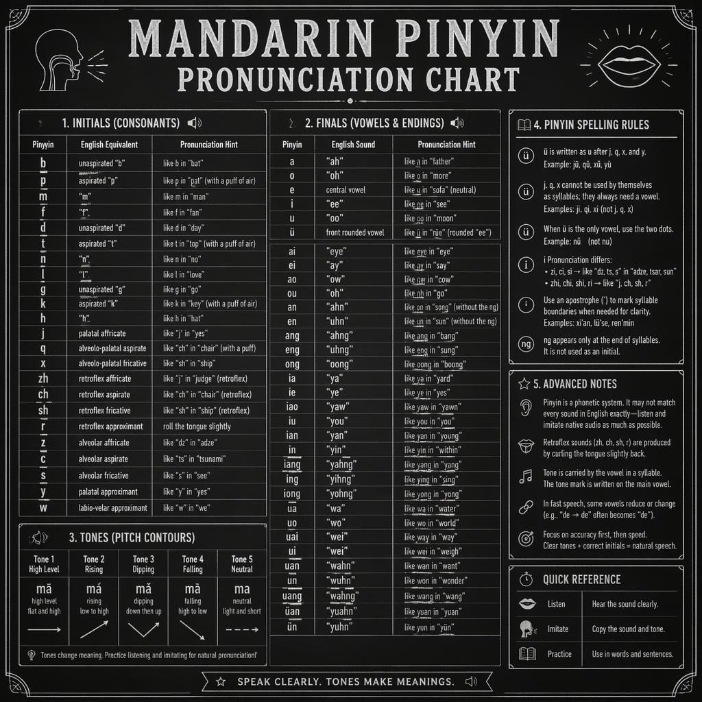 Vintage chalkboard Mandarin Pinyin pronunciation chart with initials, finals, tones, and English phonics chart notes.