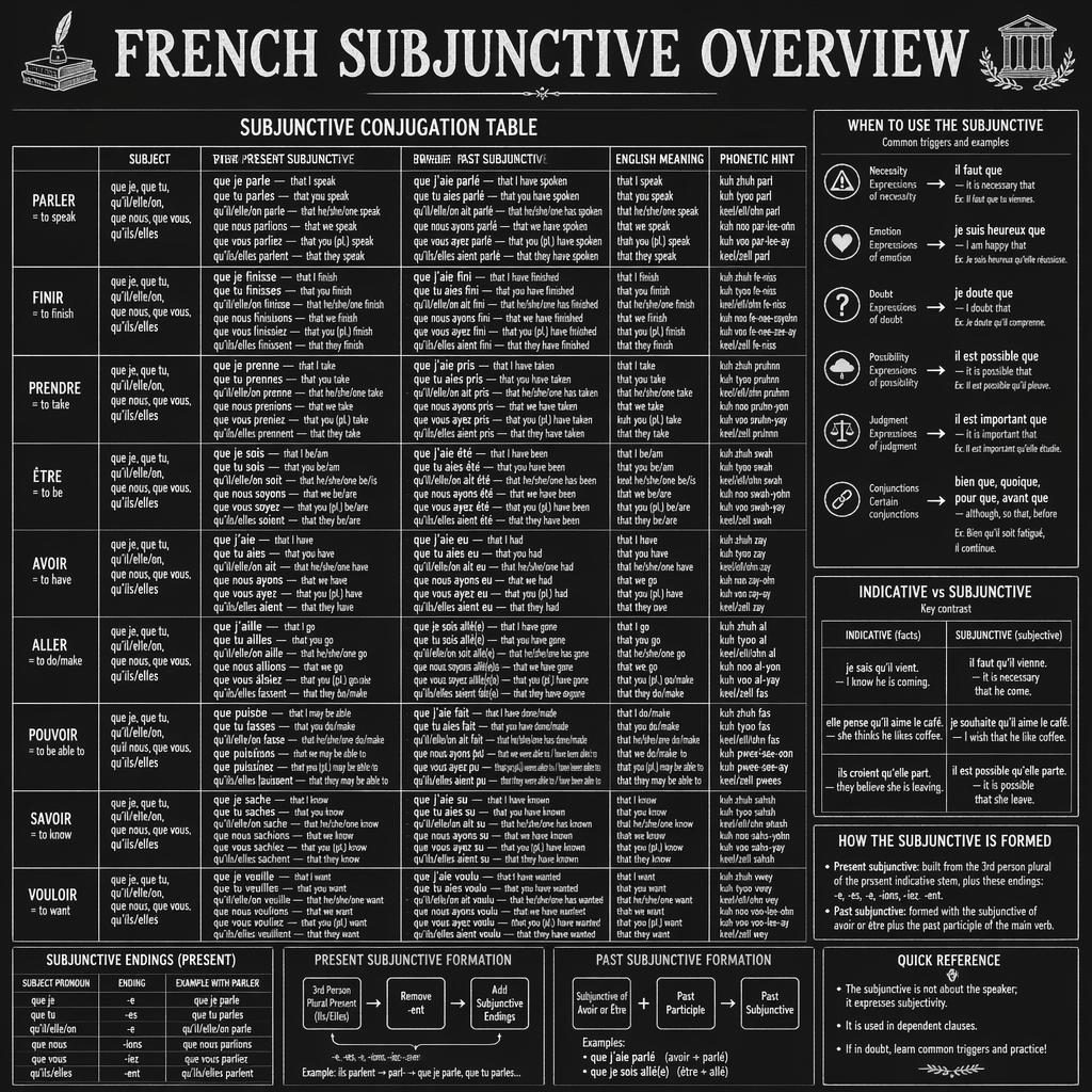 Affiche éducative style tableau noir avec grand tableau du subjonctif français, encadrés règles, formation et comparatif.