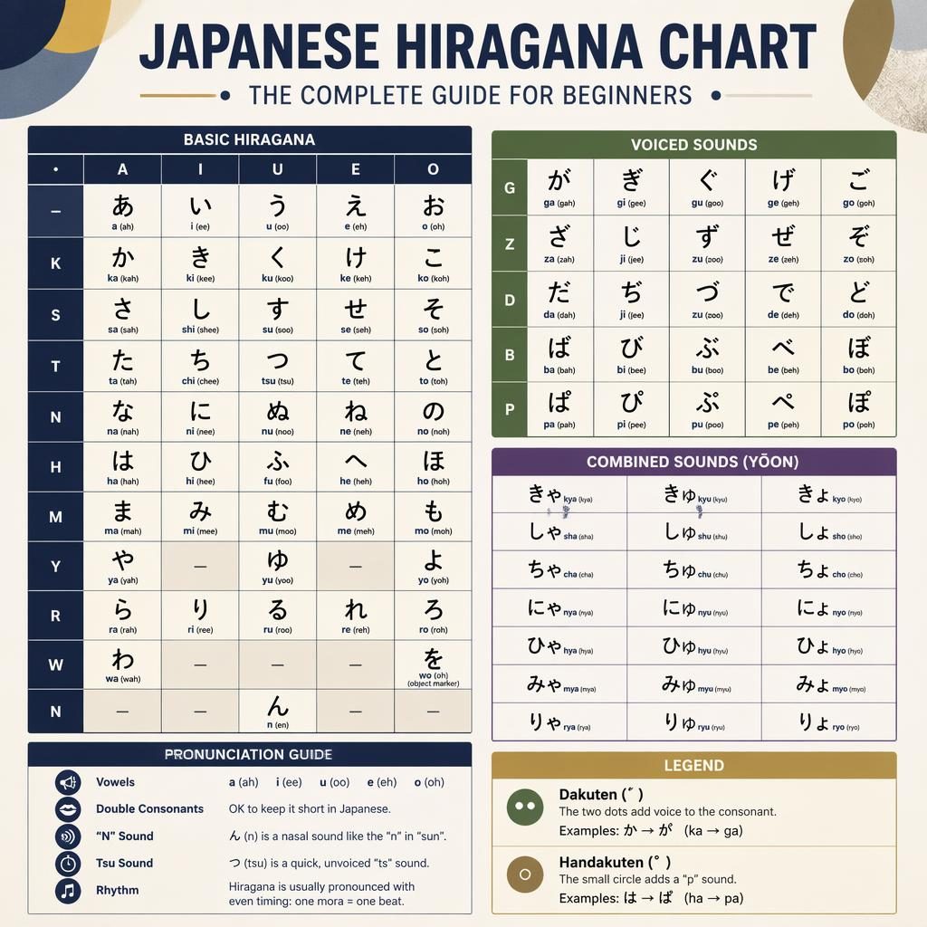 Educational Japanese hiragana chart poster in a clean grid with basic, voiced, and combined sounds plus romaji cues.