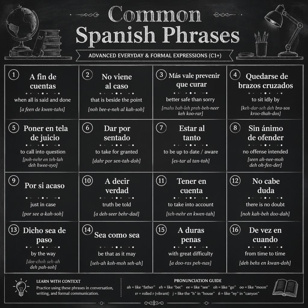 Vintage chalkboard-style Spanish phrases infographic grid with English translations, phonetic hints, and subtle alphabet chart upper and lower case motifs.