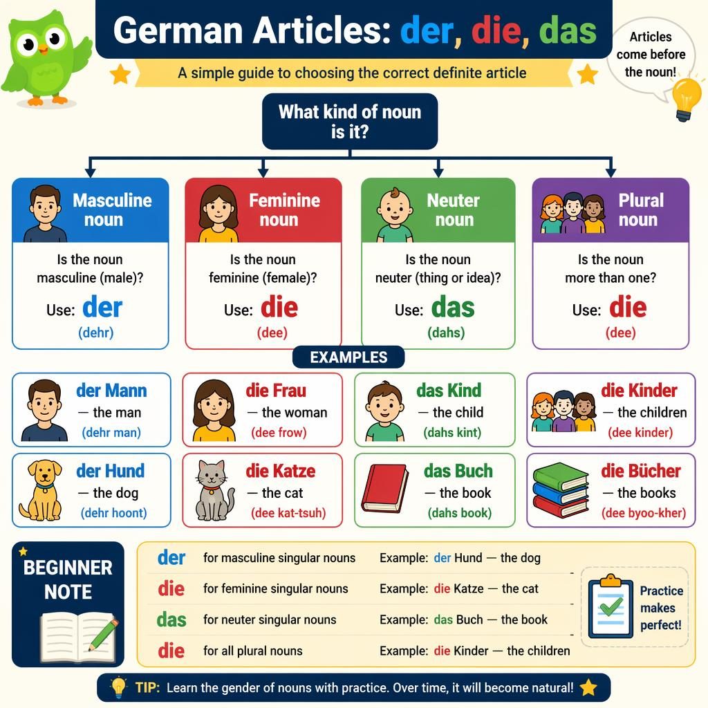 Clean cartoon-style infographic flowchart showing German articles der, die, das with color-coded noun examples and beginner rules.