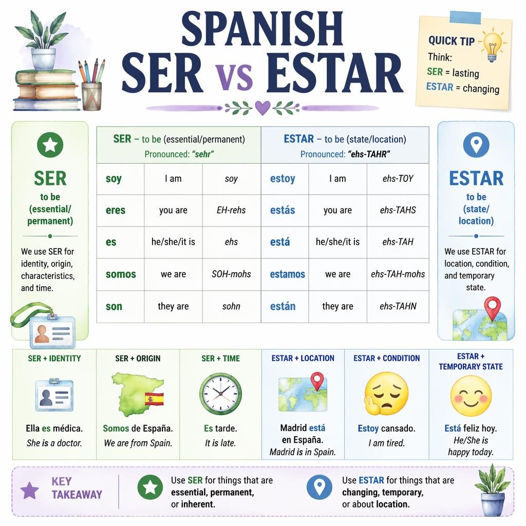 Educational poster comparing Spanish ser vs estar with pastel chart, pronunciation guides, example sentences, and icons.