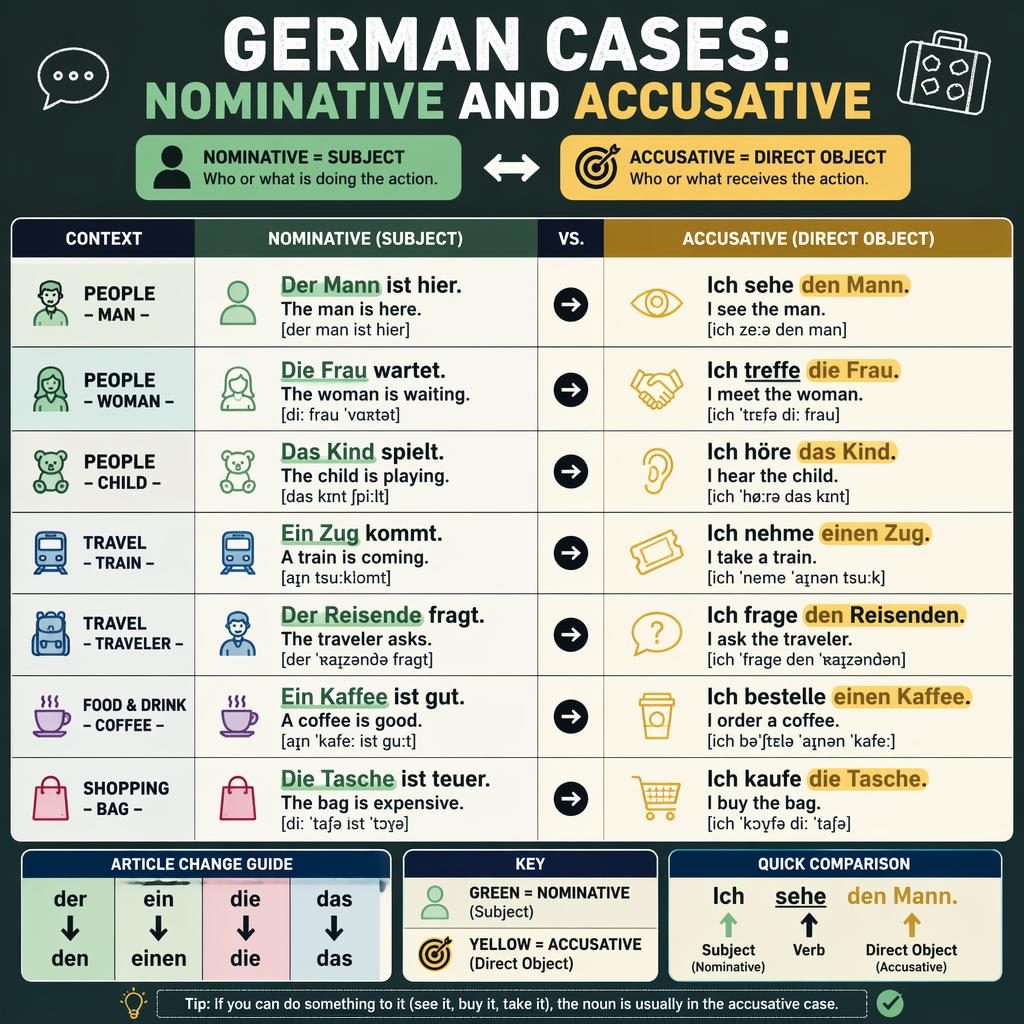 Educational infographic poster on German nominative and accusative in an alphabet center pocket chart grid style.