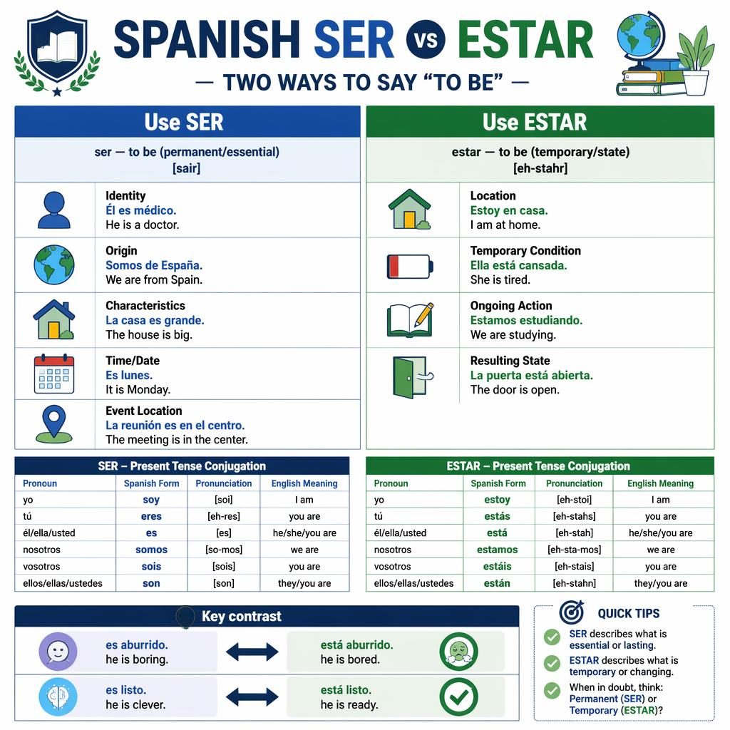 Educational infographic poster with a two-column Ser vs Estar grid, conjugation tables, example sentences, and key contrast notes.