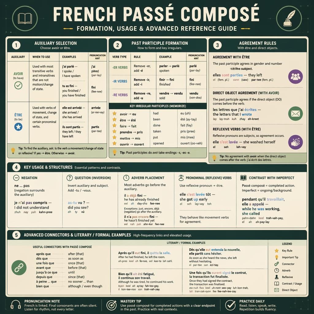 Clean chalkboard-style French passé composé infographic grid with panels on auxiliaries, agreement, negation, adverbs, and irregular participles.