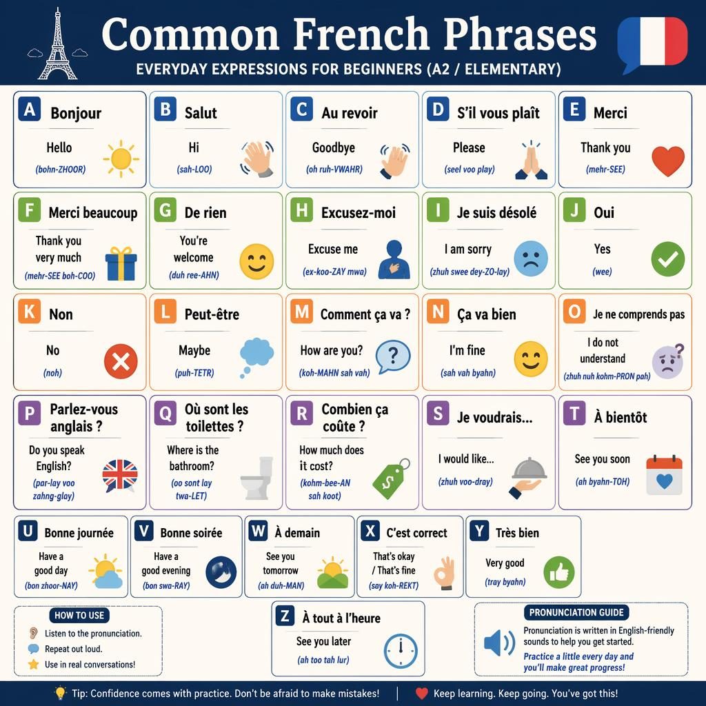 Clean educational infographic poster titled Common French Phrases with organized phrase tiles, translations, phonetics, and icons.