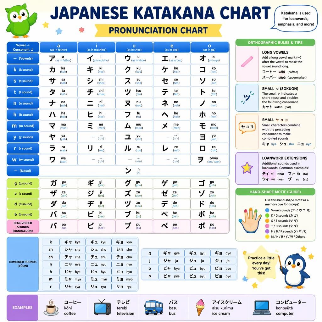 Colorful educational poster showing a Japanese katakana chart grid, voiced sound panels, combo kana, and example words.