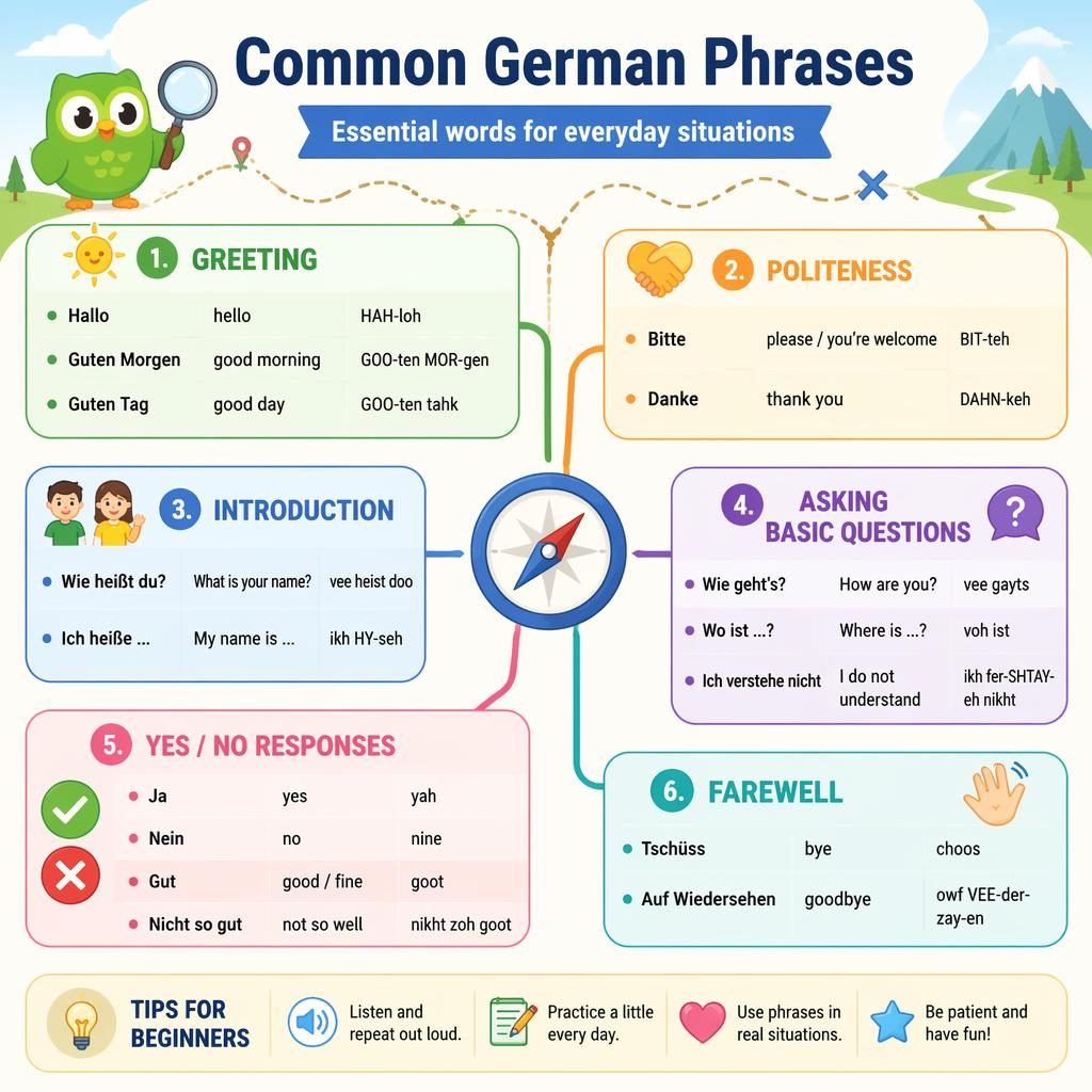 Educational flowchart poster of common German phrases with English translations, phonetic hints, icons, and arrows.