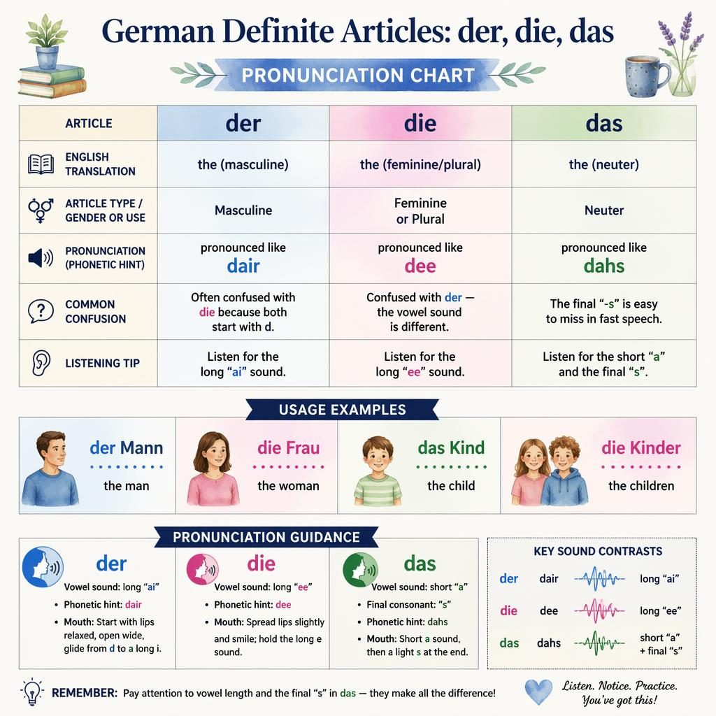 Affiche éducative pastel avec tableau central de prononciation der, die, das et mini-grille d’exemples en anglais.