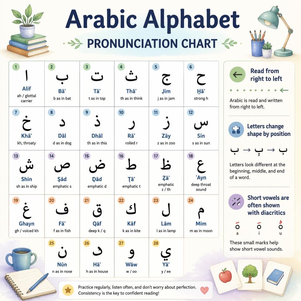 Clean pastel infographic poster showing an Arabic alphabet pronunciation chart in a grid with English labels and tips.