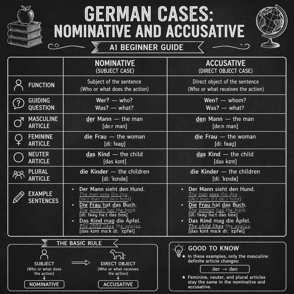 Vintage chalkboard infographic comparing German nominative and accusative cases in a two-column table with examples.