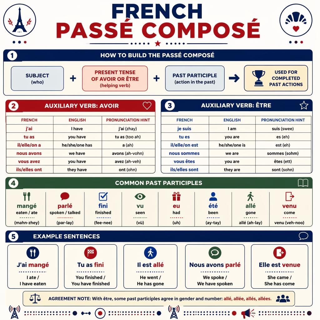 Clean French Passé Composé poster with flowchart, avoir and être tables, participle grid, example sentences, and dot-dash motifs.