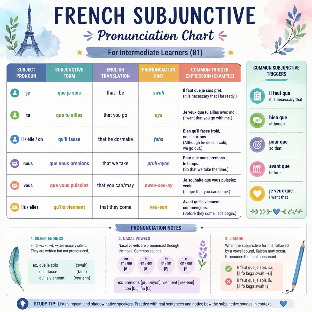 Educational poster showing a French subjunctive pronunciation chart with columns, examples, trigger phrases, and study notes.