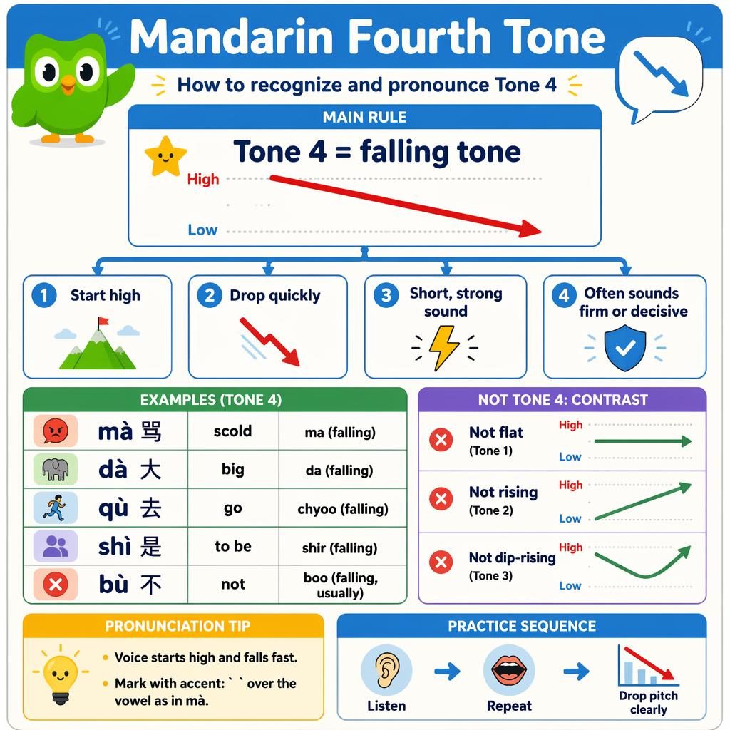 Educational infographic flowchart on Mandarin fourth tone with falling pitch line, rule boxes, example words, and practice tips.