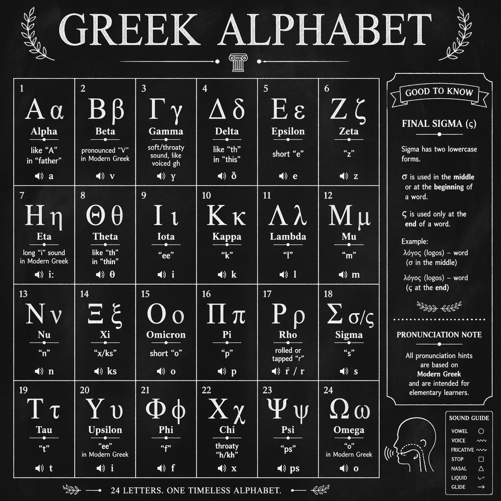 Vintage chalkboard Greek alphabet poster with 24 letter grid, English labels, pronunciation hints, and final sigma note.