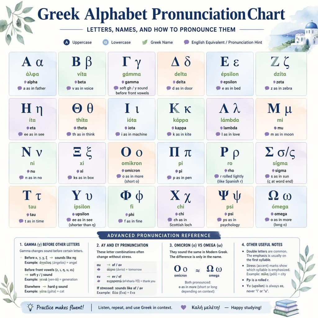 Pastel watercolor study-sheet infographic showing a Greek alphabet pronunciation chart in a neat grid with notes.