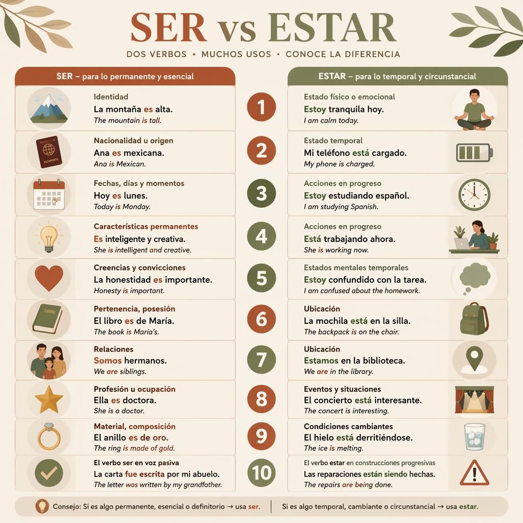 Modern flashcard-style infographic with warm earth tones comparing Spanish ser vs estar in a clean counting-chart layout.