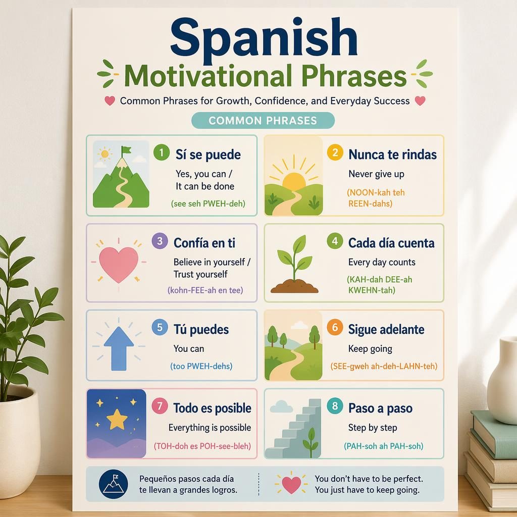 Póster infográfico educativo con cuadrícula de frases motivadoras en español, traducción al inglés e iconos suaves.
