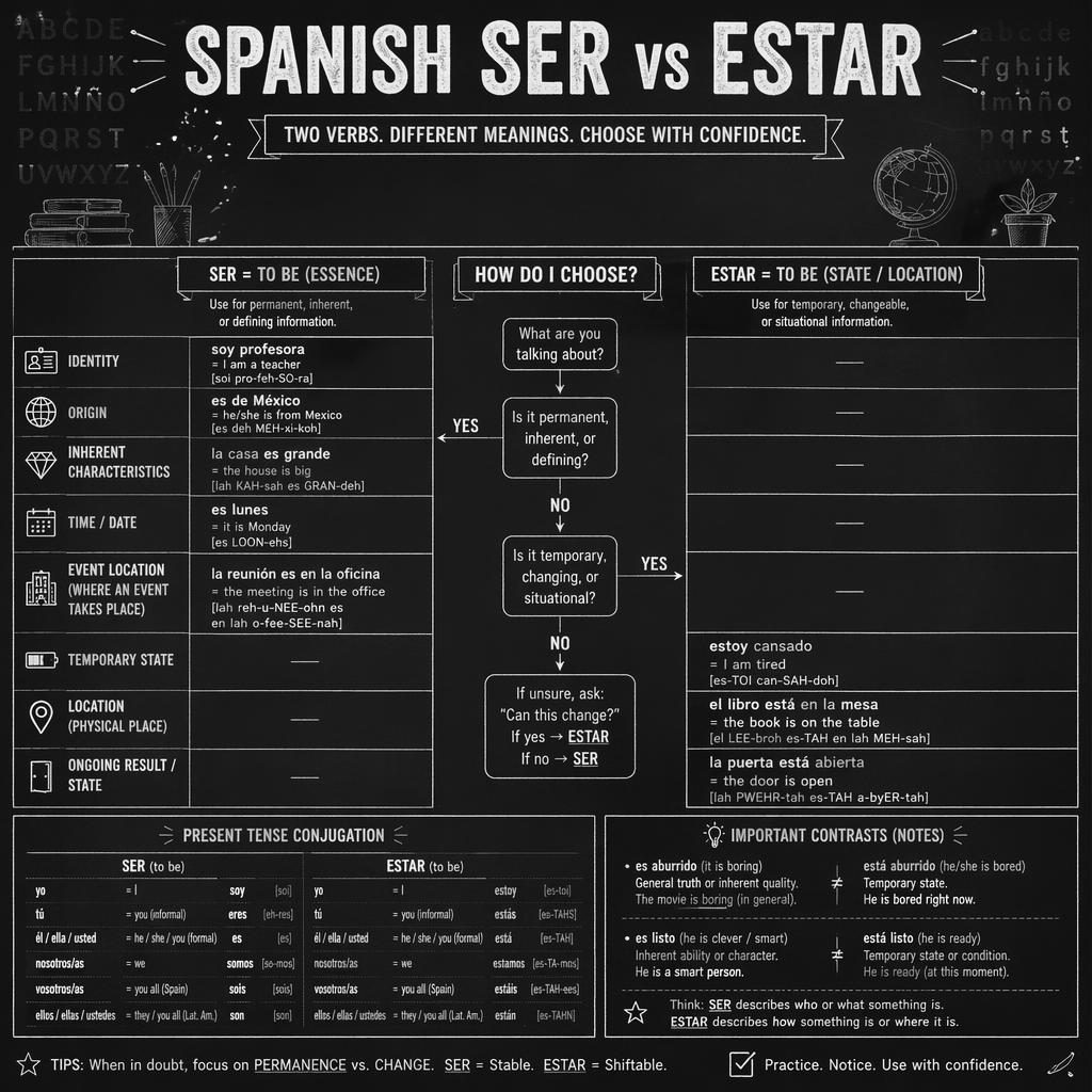 Vintage chalkboard-style Spanish Ser vs Estar infographic with two columns, central flowchart, comparison table, and faint alphabet chart motif.